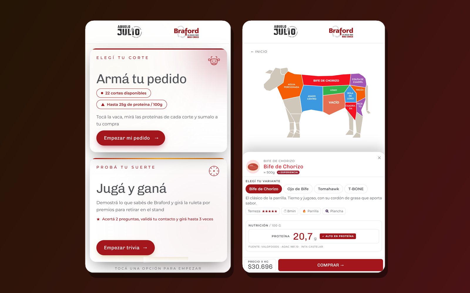 Pantallas del tótem de Abuelo Julio: inicio y mapa interactivo de la vaca
