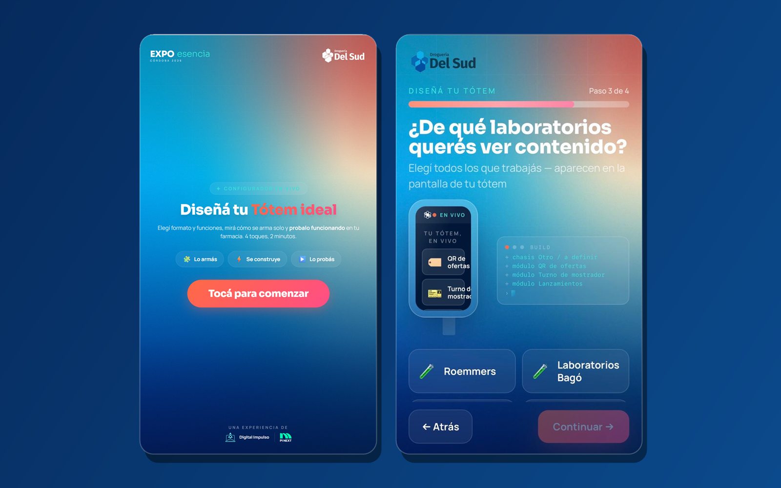 Pantallas de Diseñá tu Tótem de Droguería Del Sud: inicio y elección de laboratorios