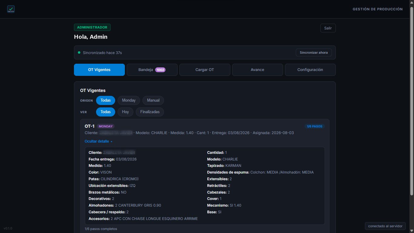 Facyca: detalle de una orden de trabajo con los datos de cada sector