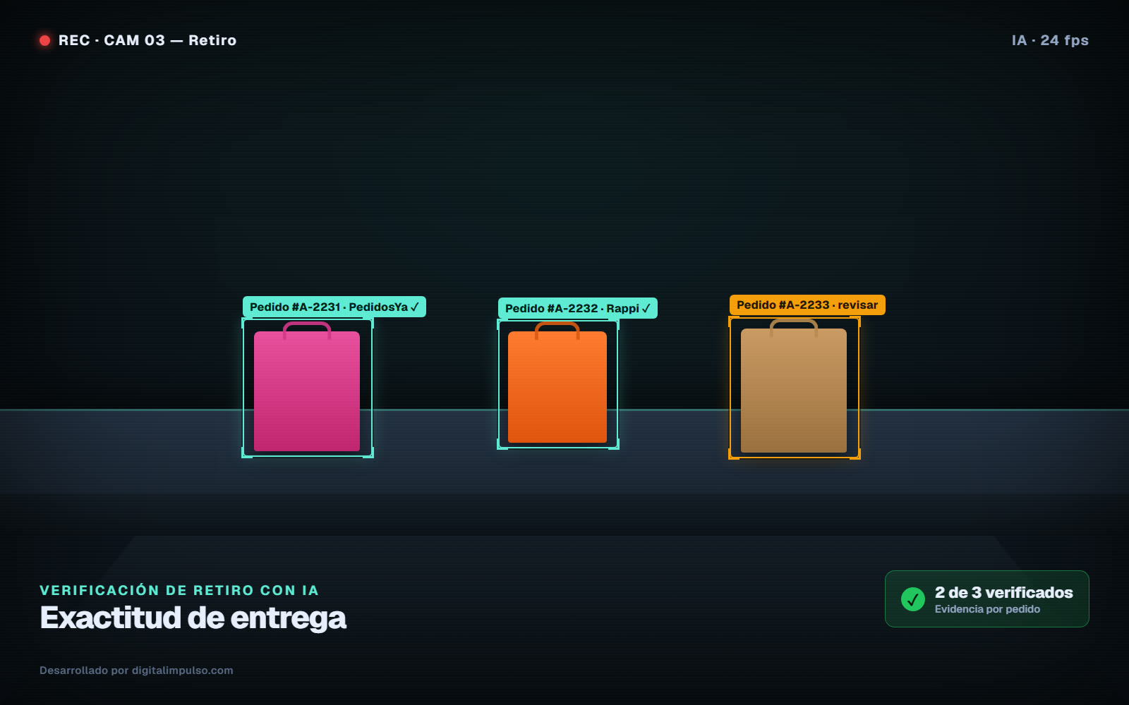 Vista de cámara con IA verificando el retiro de pedidos en el mostrador