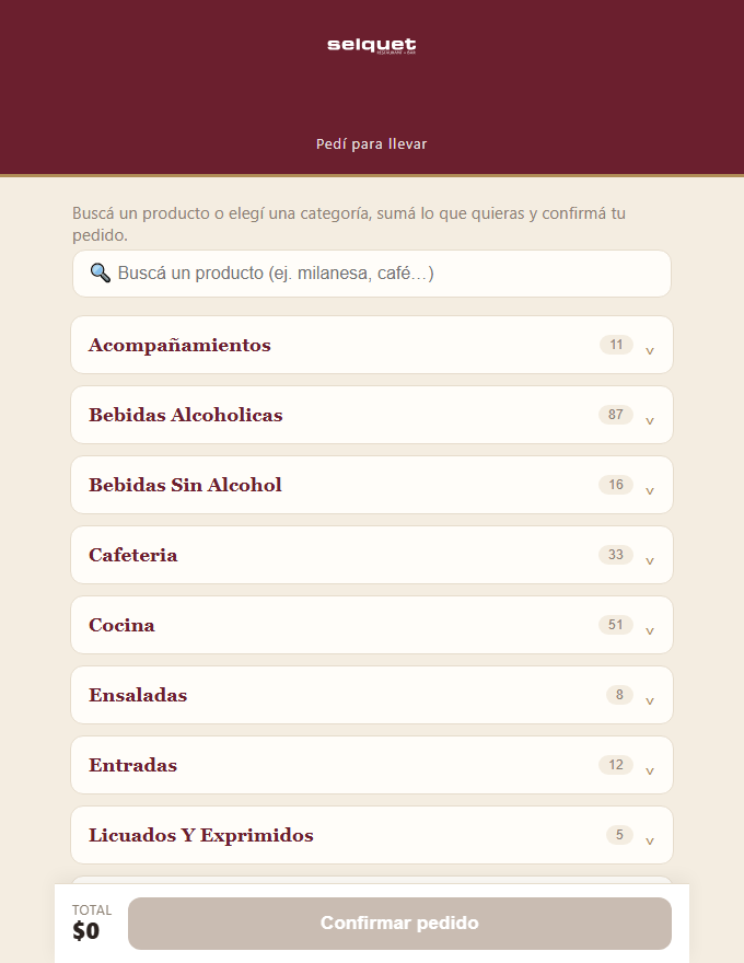 Portal de pedidos de SELQUET: categorías del menú